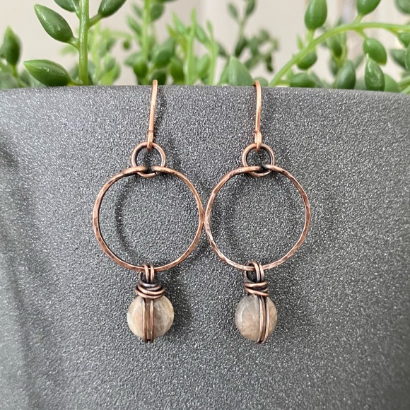 Handcrafted Moonstone + Copper Dangle Hoop Earrings - Picture 1 of 6
